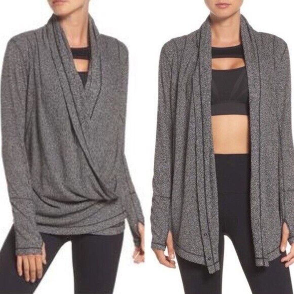 Zella Enlighten Me Cardigan Womens XS Gray Draped Wrap Athleisure‎ Thumbhole